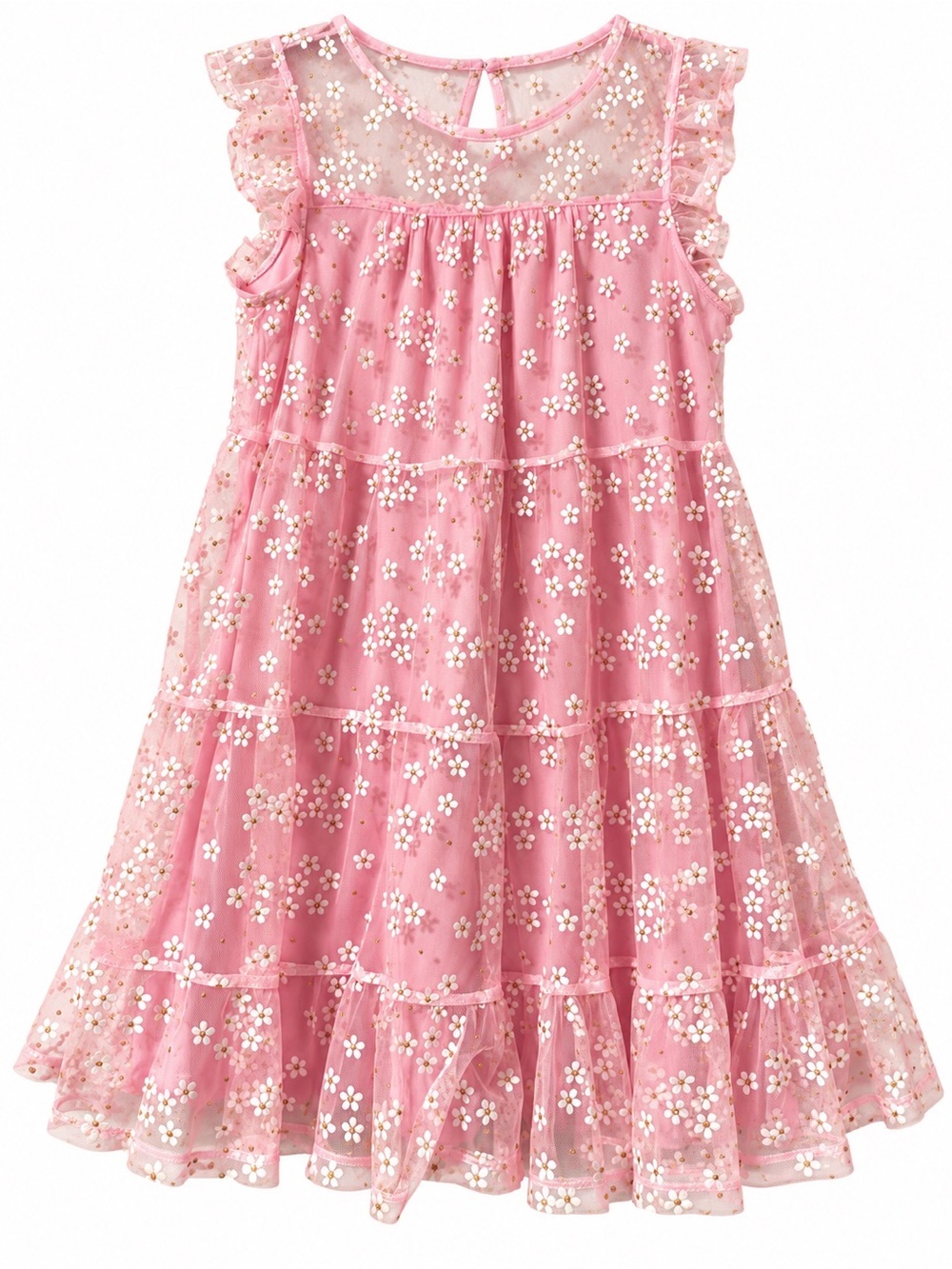 Poppies & Roses Girls Pink Floral Tulle Dress Size L – Tiered Ruffle Party Dress